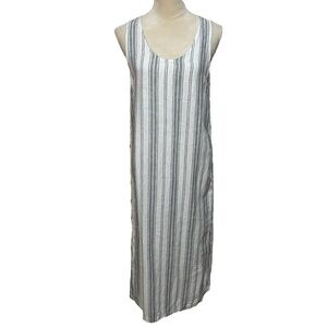 Garnet Hill Gray Striped 100% Linen Lightweight Maxi Button Side Tank Dress S
